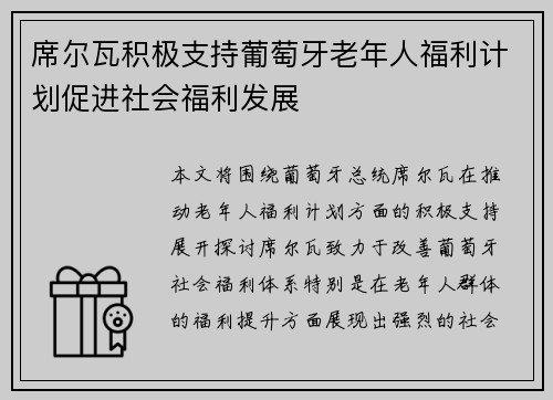 席尔瓦积极支持葡萄牙老年人福利计划促进社会福利发展 席尔瓦积极支持葡萄牙老年人福利计划促进社会福利发展