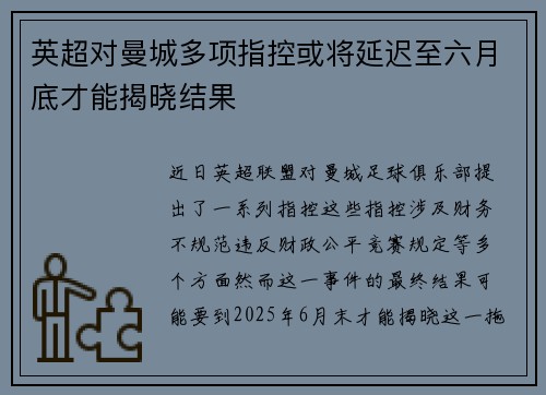 英超对曼城多项指控或将延迟至六月底才能揭晓结果 英超对曼城多项指控或将延迟至六月底才能揭晓结果
